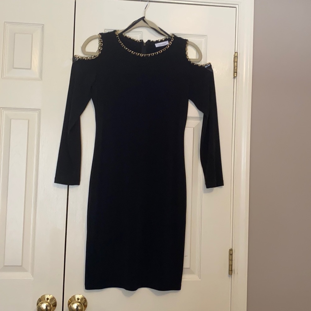 Calvin Klein Black Gold Chain Trim Cold Shoulder Dress, Size 2